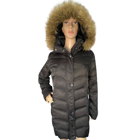 Kenneth Cole Reaction Long Winter Coat With Faux Fur Trimmed Hood - Picture 1 of 5